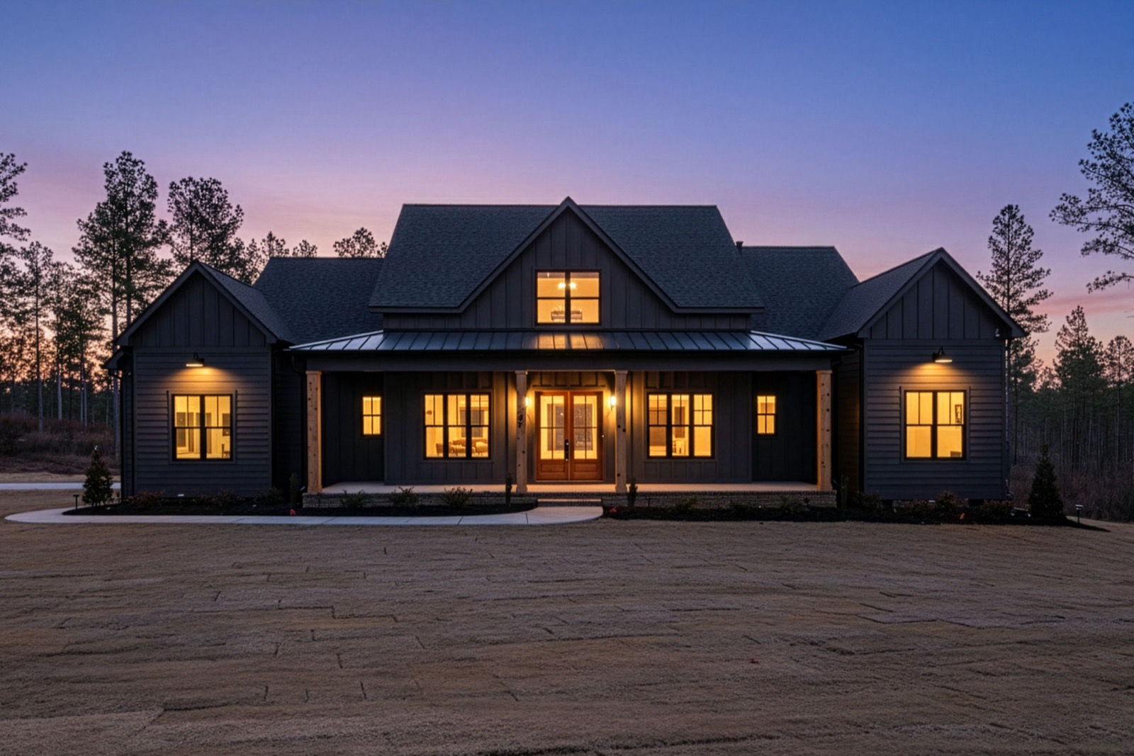 Trivium Homes custom home at dusk